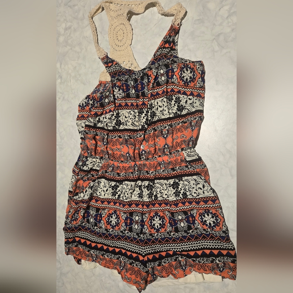 Boho Coral And Navy Romper With Crochet Back Detail Ladies L